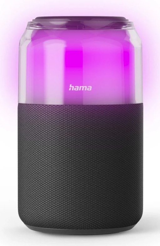 Czarny głośnik z przezroczystym topem. Top świeci na fioletowo z logo 'hama'. Dół to czarna siatka.