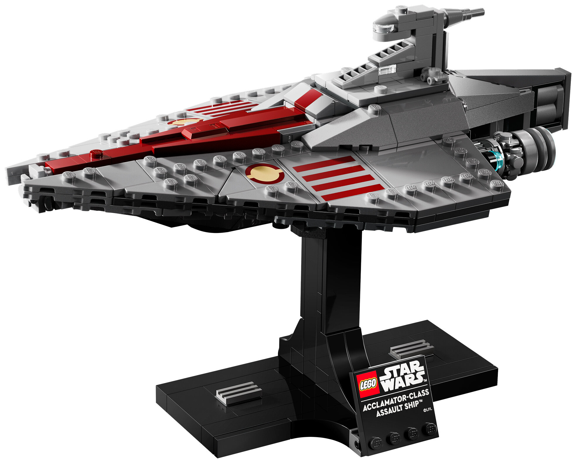 Model Lego Star Wars statku szturmowego klasy Acclamator, szary z czerwonymi paskami, na czarnym stojaku.