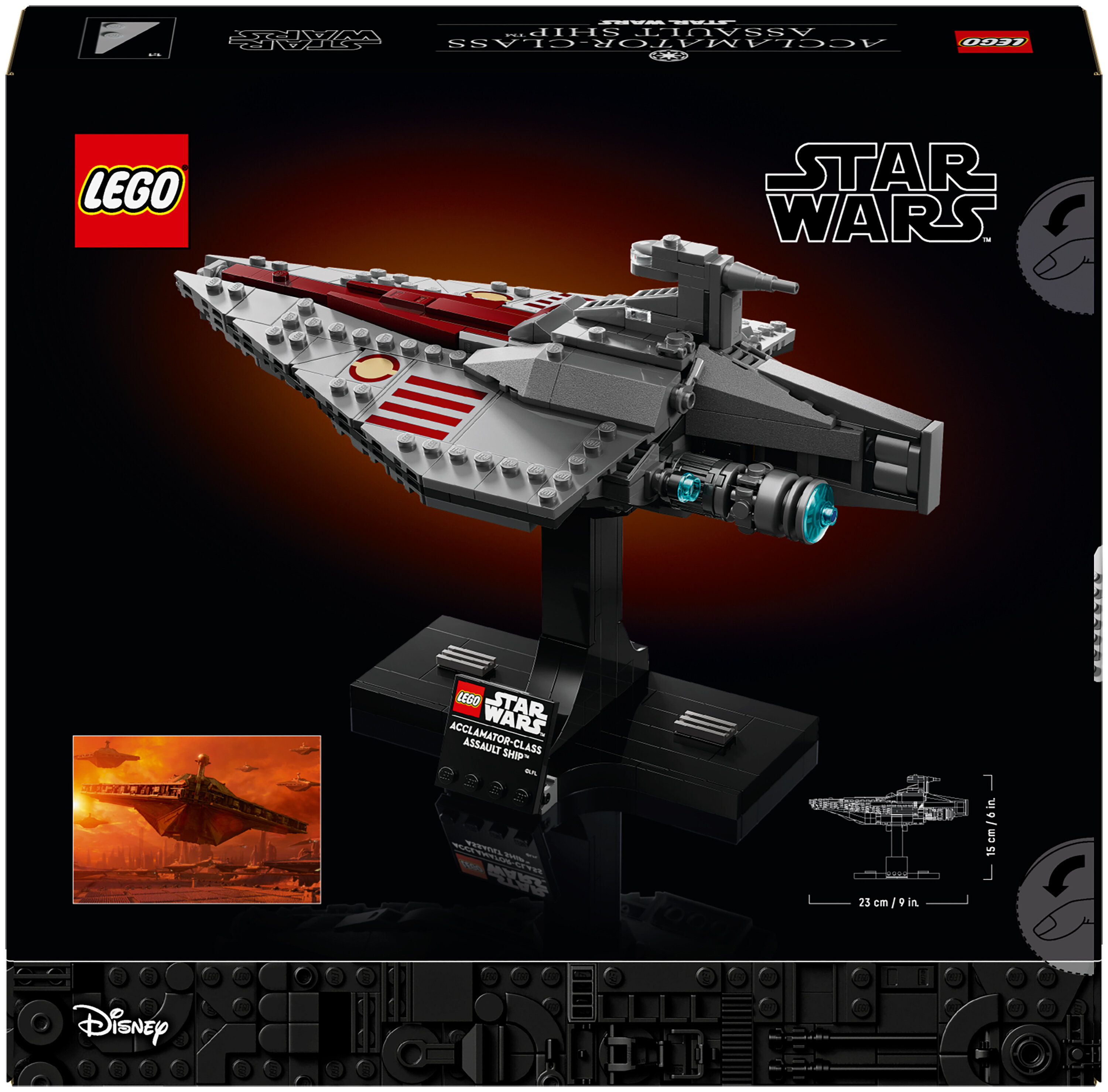 Pudełko zestawu Lego Star Wars. Model statku szturmowego klasy Acclamator na czarnym stojaku.