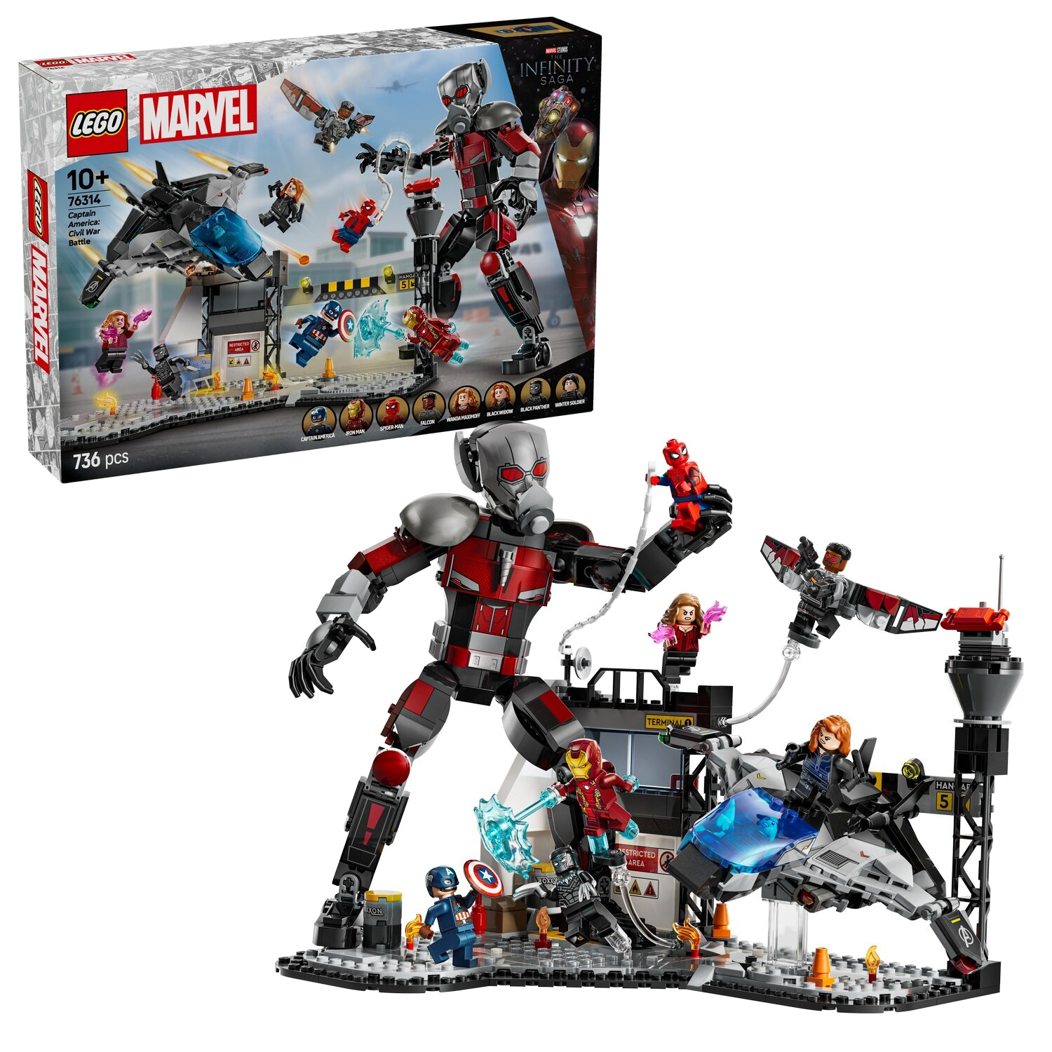 Zestaw Lego: Ant-Man, Iron Man, Kapitan Ameryka i inni w bitwie w wojnie domowej. Pudełko i złożony model są pokazane.