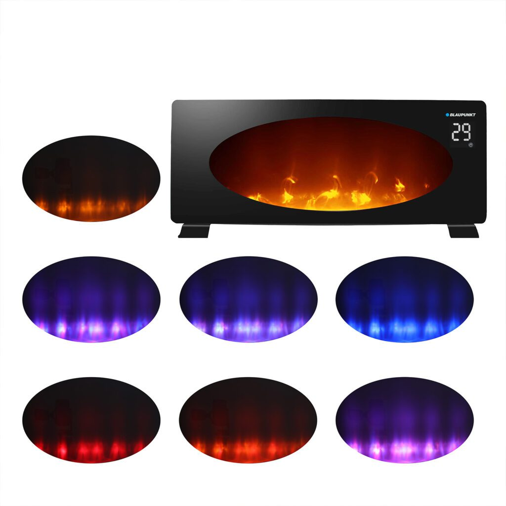 Czarny kominek elektryczny z płomieniami i wyświetlaczem temperatury. Poniżej sześć owalnych wyświetlaczy światła w różnych kolorach.
