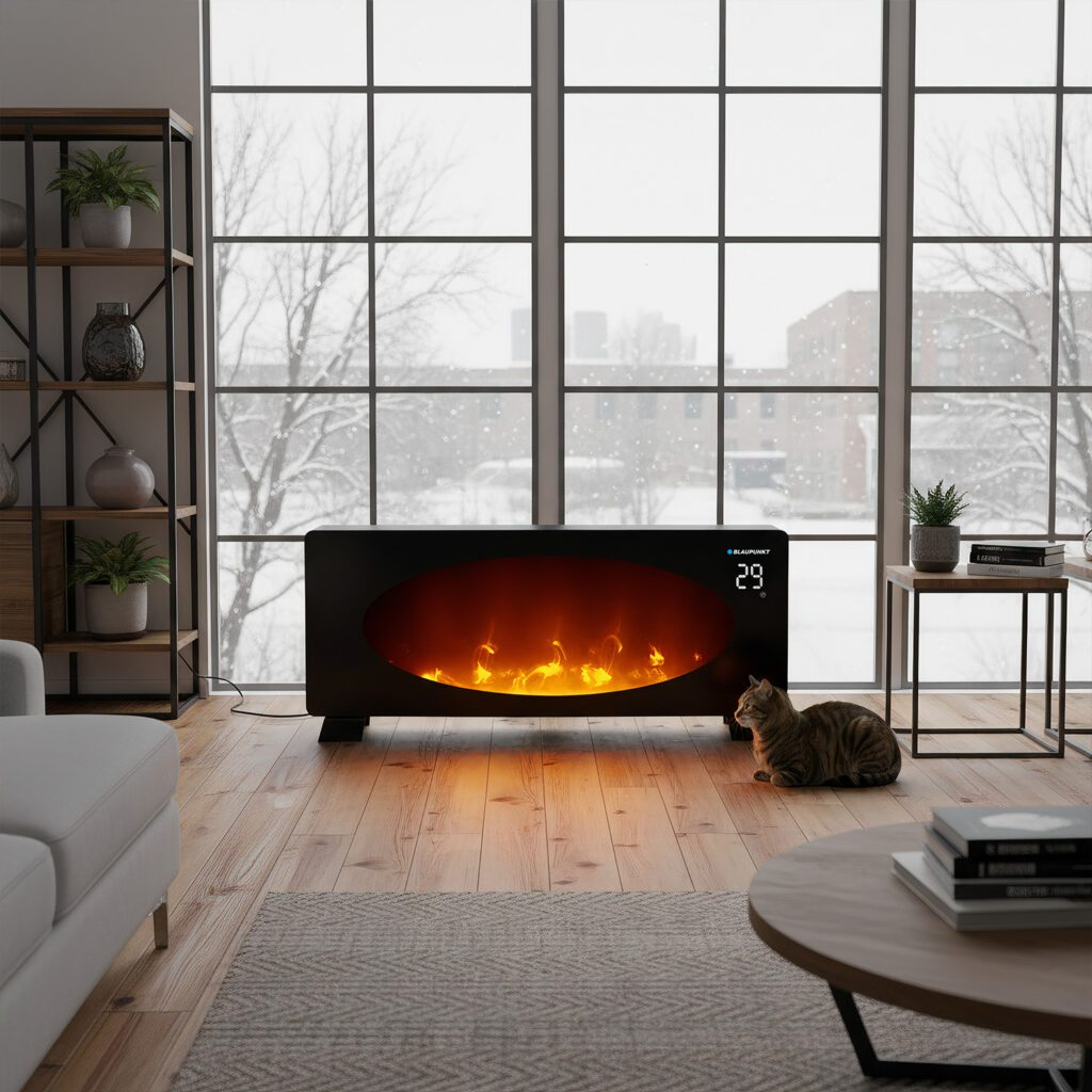 Scena w salonie z kominkiem, kotem i oknem z zaśnieżonym krajobrazem. Kot siedzi przy ogniu.