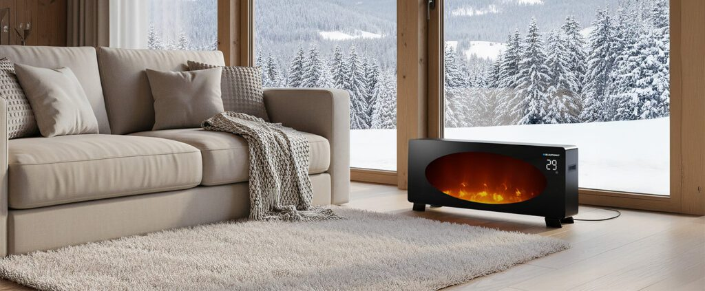 Salon z sofą, dywanem i kominkiem. Okno pokazuje zaśnieżony las. Kominek jest włączony, pokazuje płomienie.