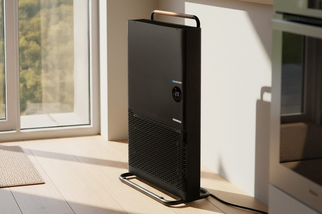Czarny oczyszczacz powietrza stoi przy oknie. Posiada cyfrowy wyświetlacz i uchwyt. Podłoga jest z jasnego drewna.