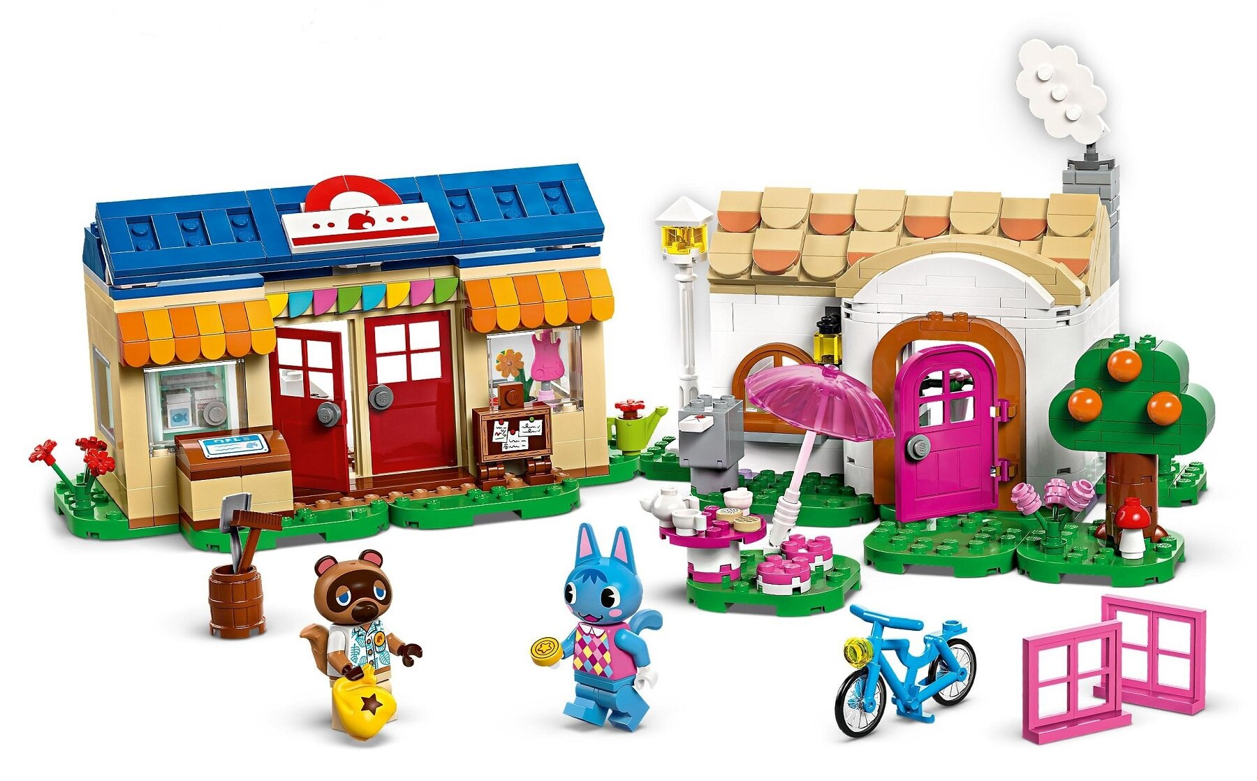 Zestaw Lego z budynkami, minifigurkami, rowerem i akcesoriami. Zawiera sklep i dom, z różnymi postaciami i rekwizytami.