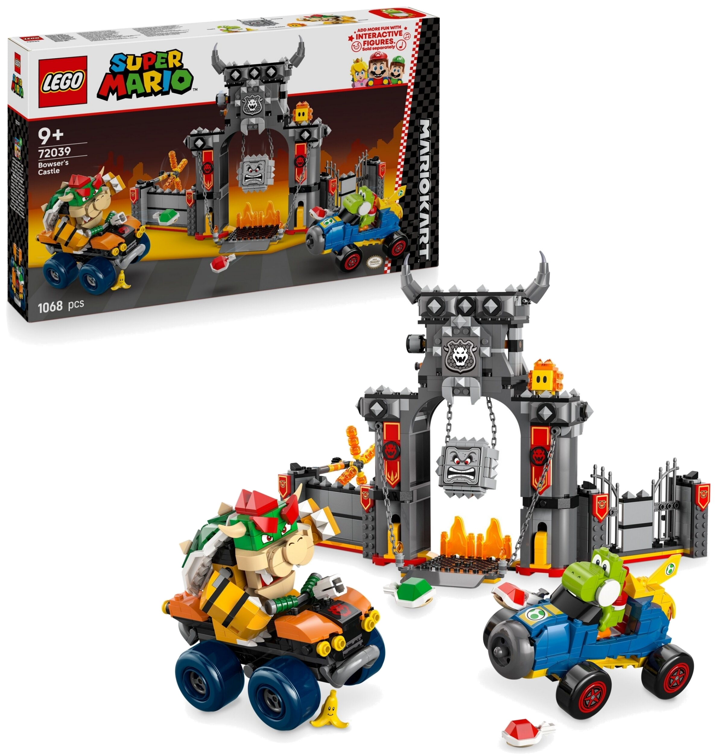 Zestaw Lego Super Mario Bowser's Castle. Zawiera gokarty Bowsera i Yoshiego, zamek i akcesoria. Pudełko w tle.