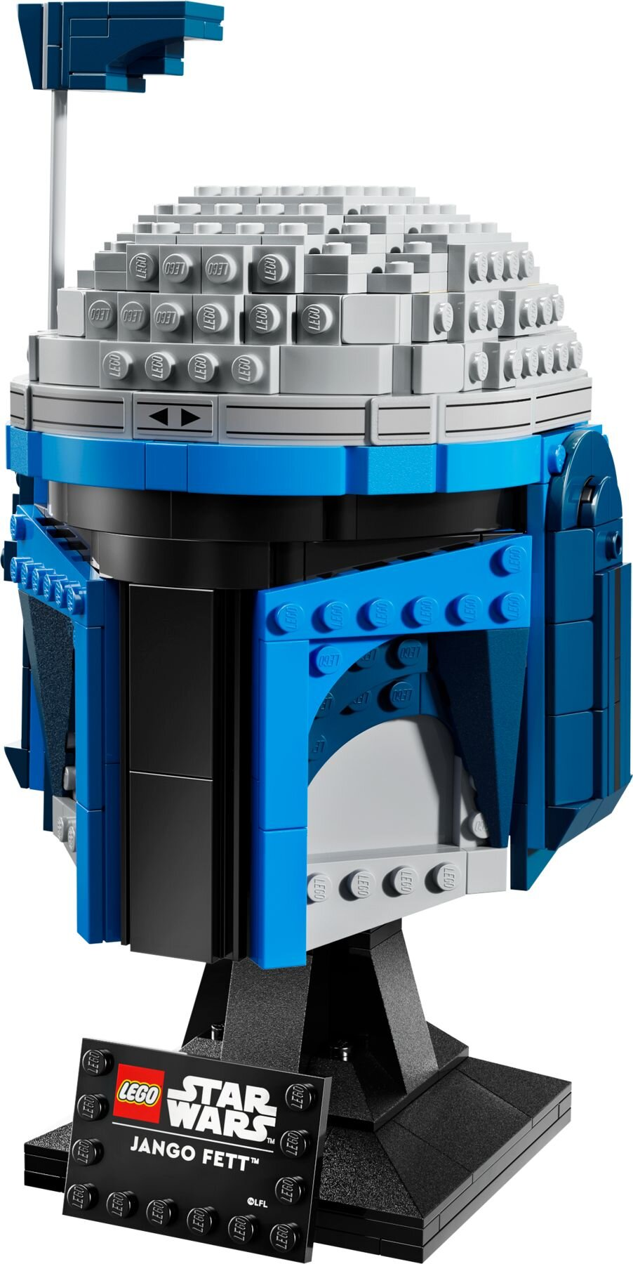 Kask Lego Star Wars Jango Fett. Zawiera niebieskie, czarne i szare klocki z podstawą i tabliczką znamionową.