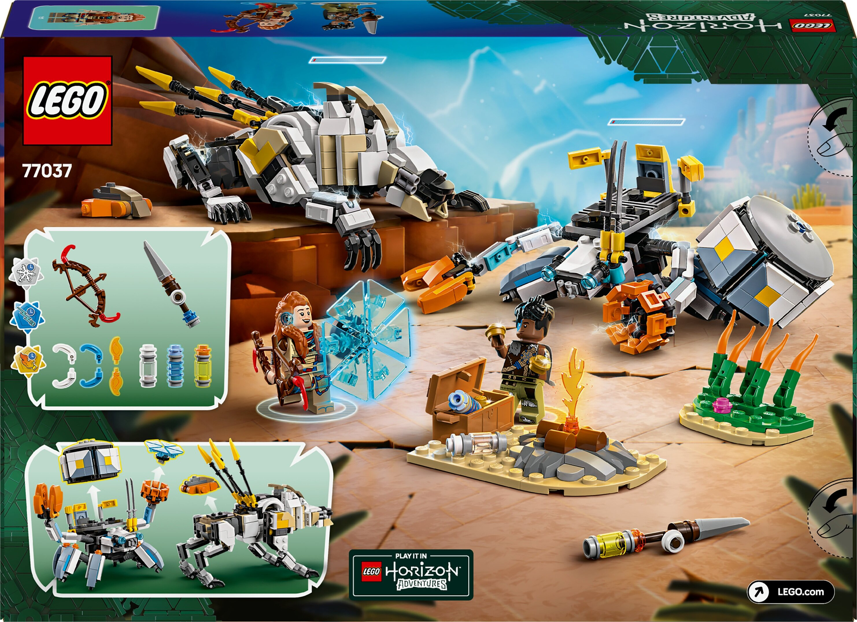 Zestaw LEGO Horizon Adventures. Zawiera postacie, maszyny, broń i elementy otoczenia. Zawiera logo LEGO.