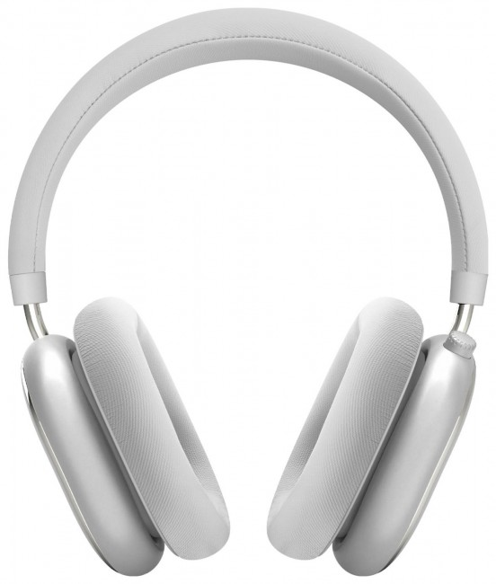 Białe słuchawki nauszne. Pałąk jest łukowaty. Nauszniki są owalne, z siatkową osłoną. Rama jest srebrna.