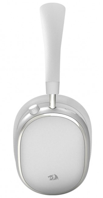 Białe słuchawki ze srebrnym wykończeniem, nausznikami owalnymi, z logo smoka. Opaska również biała.