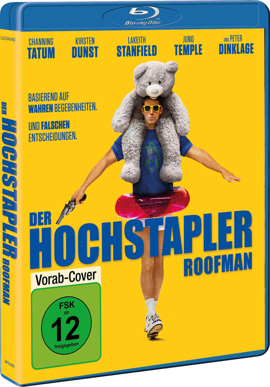 Mann mit Teddybär auf den Schultern, Sonnenbrille und Pistole. Filmtitel 'Der Hochstapler Roofman' auf gelbem Hintergrund.
