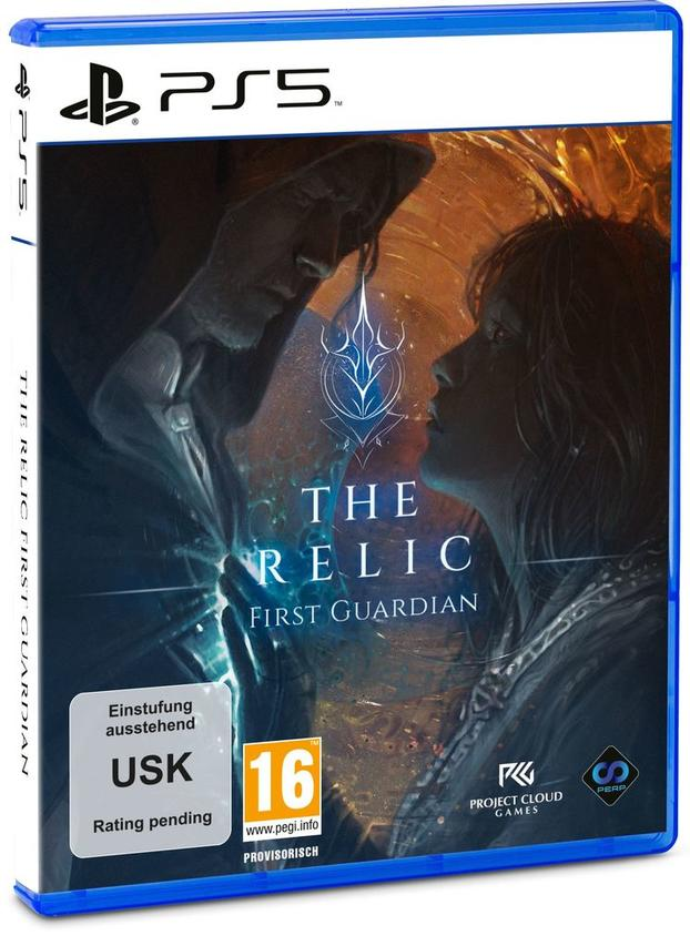 Spielcover von 'The Relic: First Guardian' für PS5. Enthält Gesichter von Mann und Frau, Logo, USK 16 Bewertung und Spieldetails.