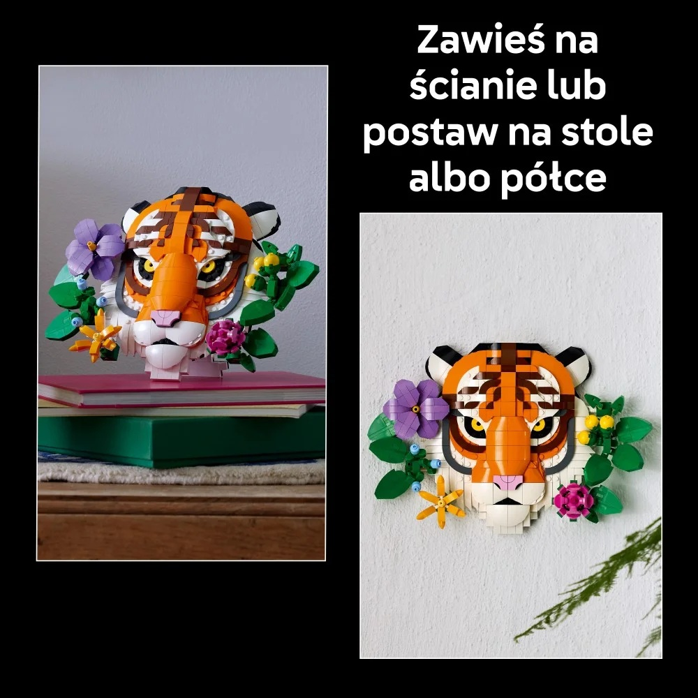 Głowa tygrysa wykonana z klocków, ozdobiona kwiatami. Spoczywa na książkach na stole, a także jest zamontowana na białej ścianie.