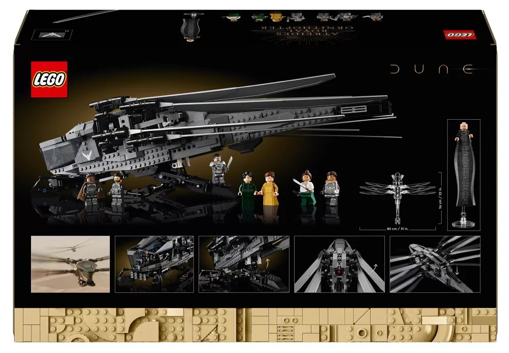 Pudełko zestawu Lego. Czarny model ornitoptera z minifigurkami. Widoczne logo DUNE i LEGO. Zawiera inne modele i szczegóły.