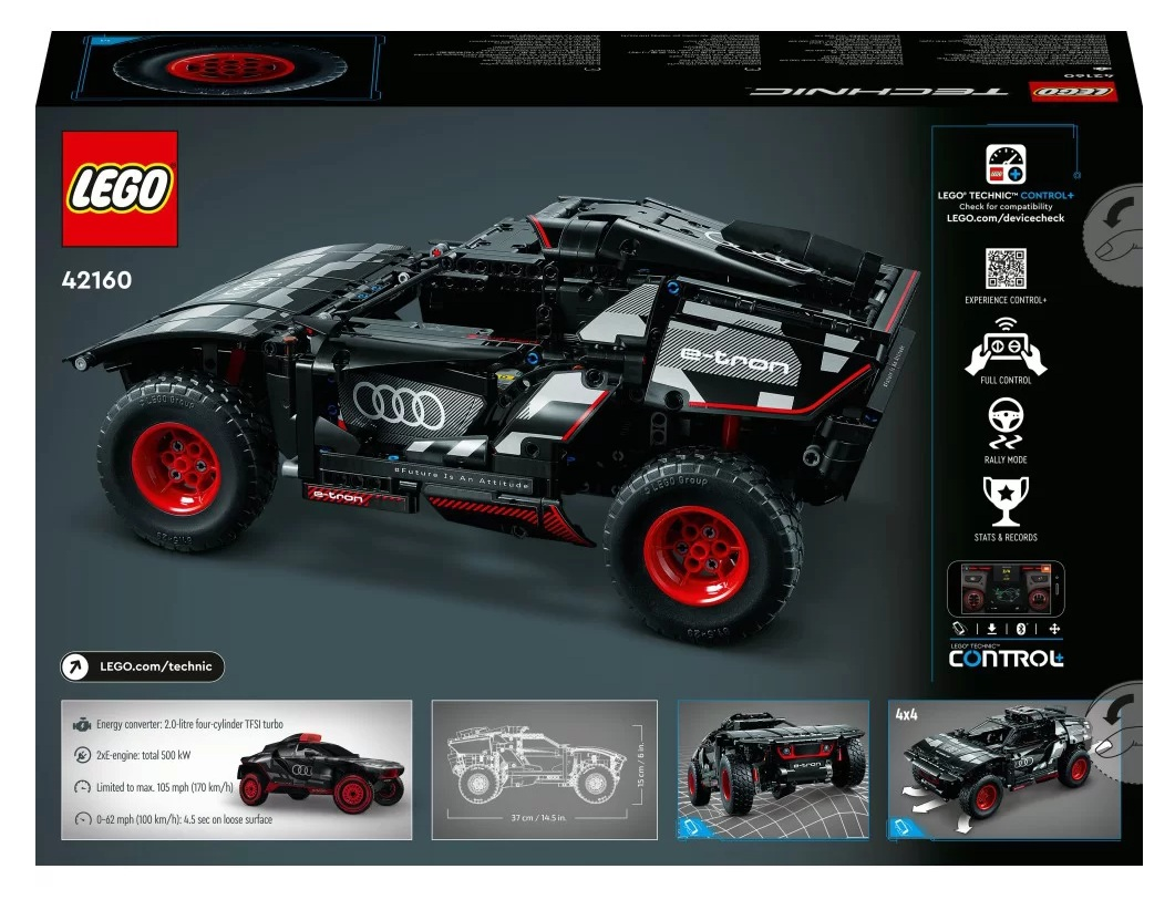 Pudełko z zestawem modeli Lego Technic Audi e-tron. Czarny samochód z czerwonymi kołami. Zawiera szczegóły dotyczące specyfikacji silnika i sterowania aplikacją.