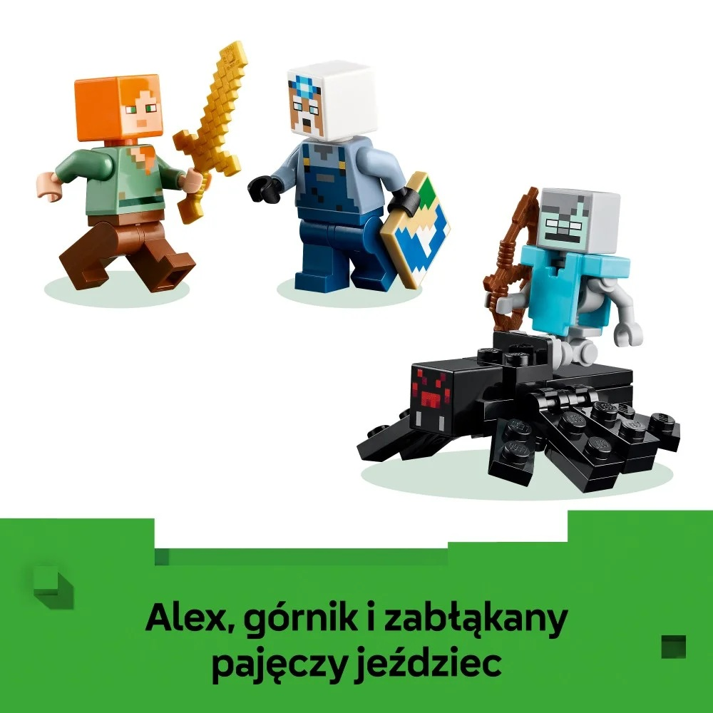 Figurki Lego Minecraft: Alex z mieczem, górnik z tarczą, szkielet z łukiem i pająk.