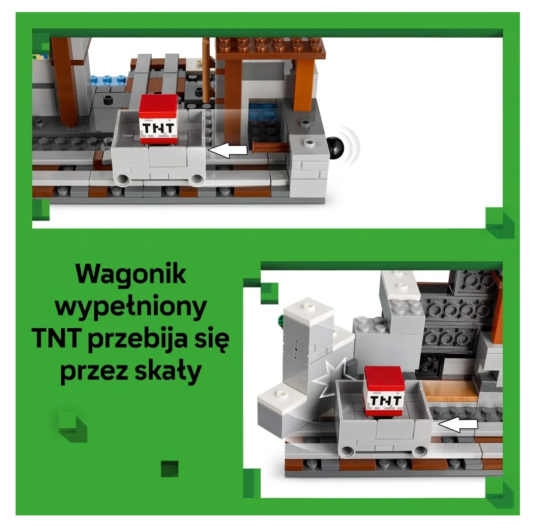 Model Lego przedstawia wózek wypełniony TNT przebijający się przez skały. Wózek jest czerwony i ma napis TNT. Strzałka pokazuje akcję.