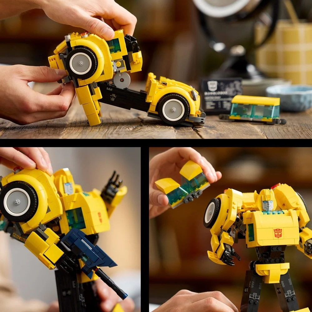 Transformer Lego Bumblebee jest składany. Jest żółty i czarny. Scena pokazuje zabawkę na różnych etapach montażu.