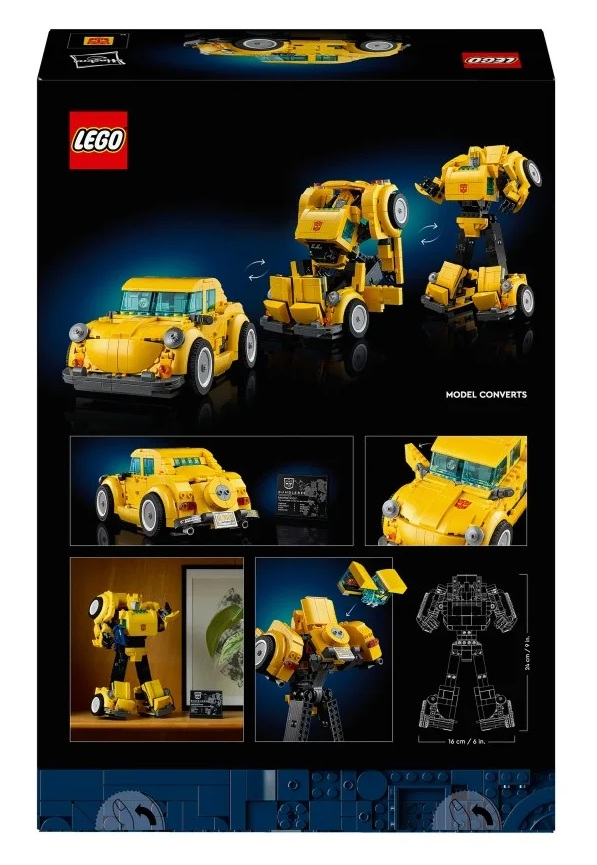 Obrazek przedstawia żółty model Lego Bumblebee w formie samochodu i robota, transformującego się. Inne obrazy pokazują szczegóły i plan.