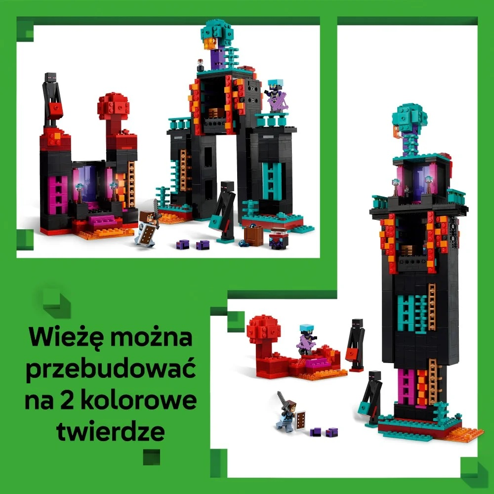 Zestaw Lego Minecraft. Czarne, czerwone i turkusowe konstrukcje z figurkami. Tekst mówi, że zestaw można przebudować na dwie kolorowe fortece.