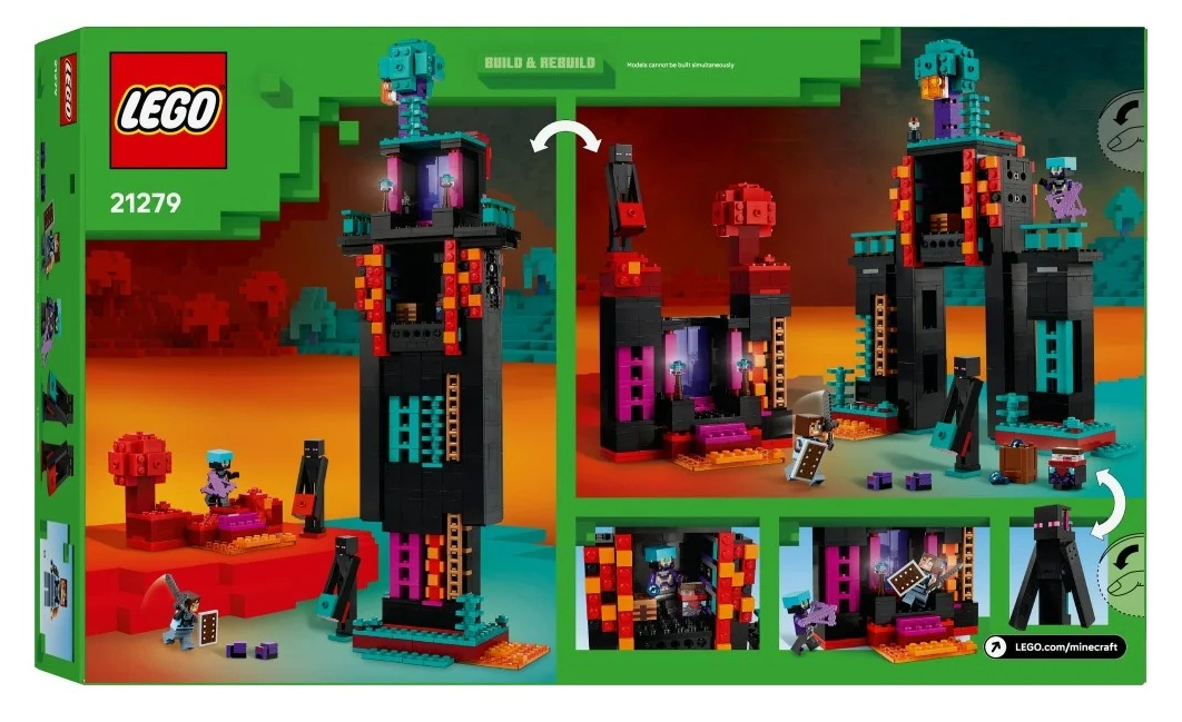 Pudełko zestawu LEGO Minecraft. Przedstawia czarno-turkusową konstrukcję z figurkami Minecraft i czerwono-pomarańczowym tłem.