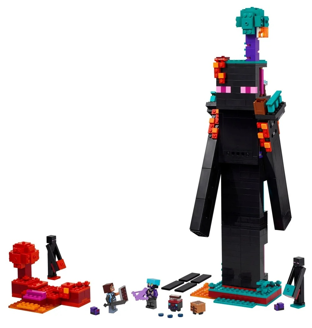 Zestaw Lego Minecraft z dużą czarną figurką Endermana. Zawiera mniejsze figurki Lego, czerwone konstrukcje i inne elementy Minecraft.