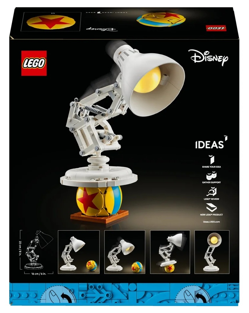 Pudełko Lego z białym modelem lampy biurkowej z żółtym światłem, siedzącym na piłce. Pudełko jest czarne z logo LEGO i Disney.