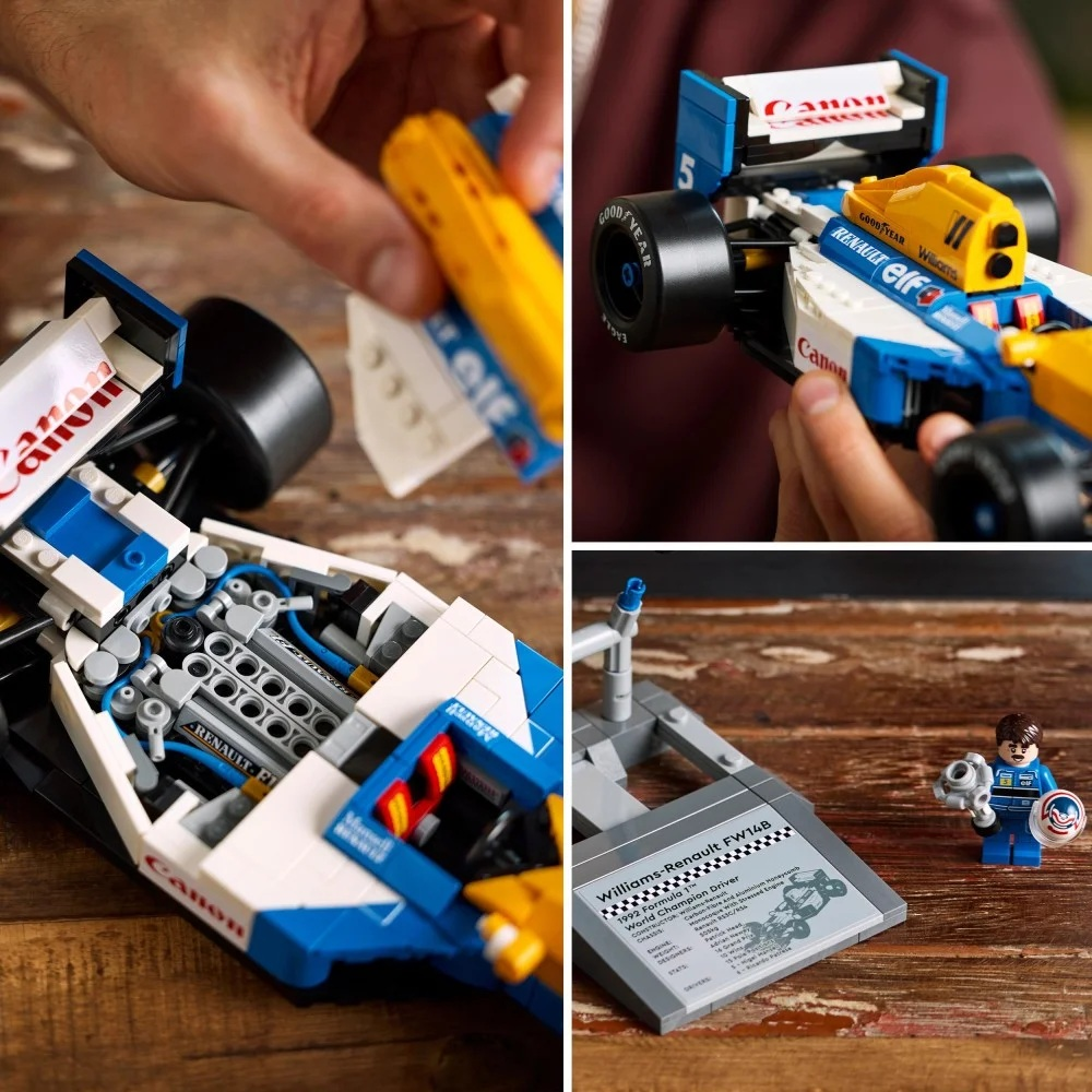 Cztery zdjęcia przedstawiają montaż samochodu F1 z klocków Lego. Szczegóły obejmują kolory niebieski, biały i żółty, loga sponsorów i minifigurkę.
