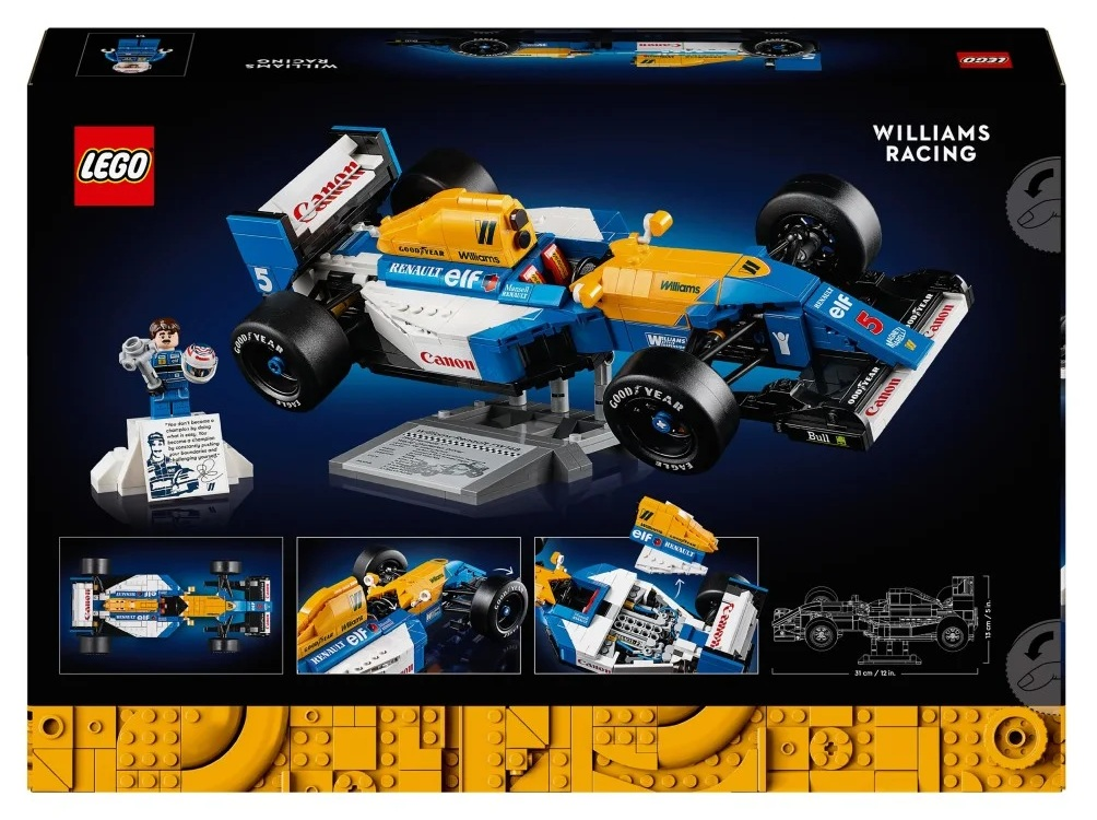 Pudełko przedstawia model samochodu LEGO Williams Racing. Jest niebiesko-żółty, z logo LEGO i minifigurką na stojaku.