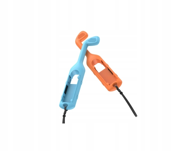 Dwa kolorowe przedmioty w kształcie kija golfowego. Jeden jest niebieski, drugi pomarańczowy. Oba mają czarne sznurki, na białym tle.