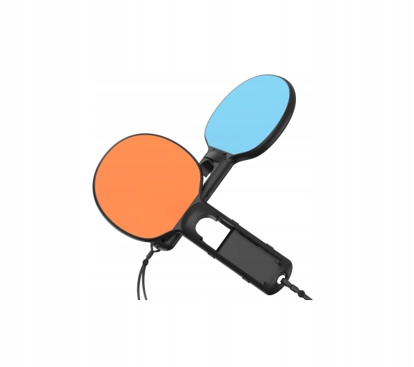 Dwie czarne wiosła, jedno pomarańczowe i jedno niebieskie, połączone przy uchwycie. Tło jest białe.