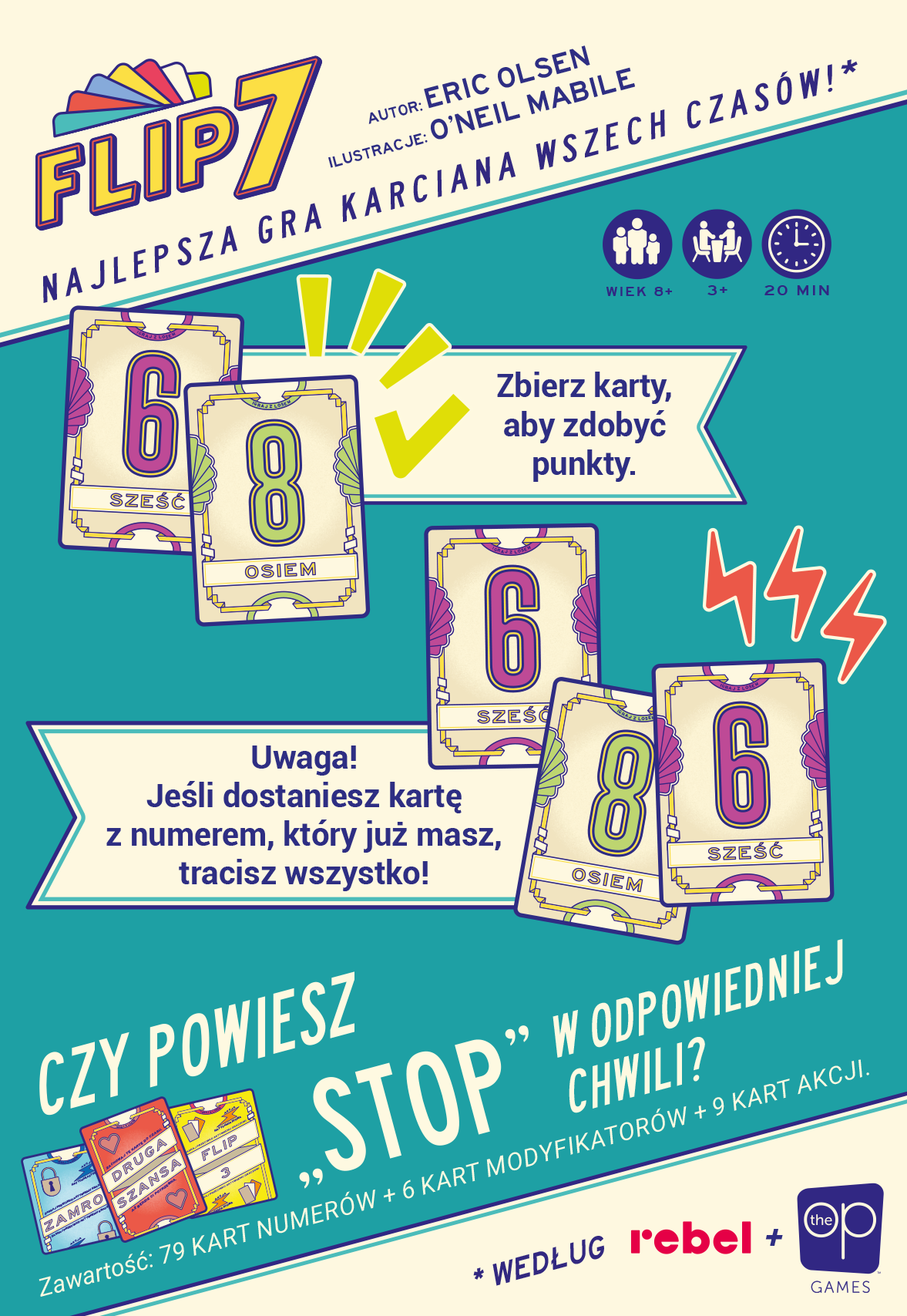 Plakat gry karcianej z kartami pokazującymi liczby 6 i 8. Tekst w języku polskim. Dominują kolory zielony i żółty.