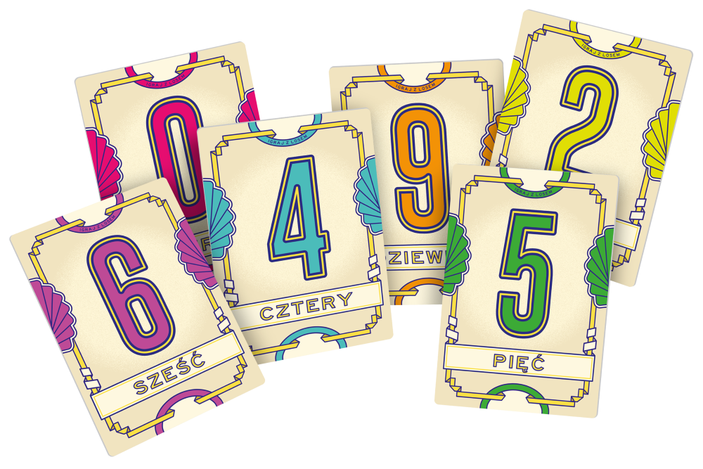 Karty z liczbami 0, 4, 5, 6, 9 i znakiem zapytania. Każda karta ma unikalny numer w różnych kolorach i polskich słowach.