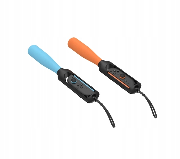 Dwa kontrolery do gier. Jeden niebieski, jeden pomarańczowy, czarny uchwyt i paski na nadgarstek. Przyciski są widoczne.