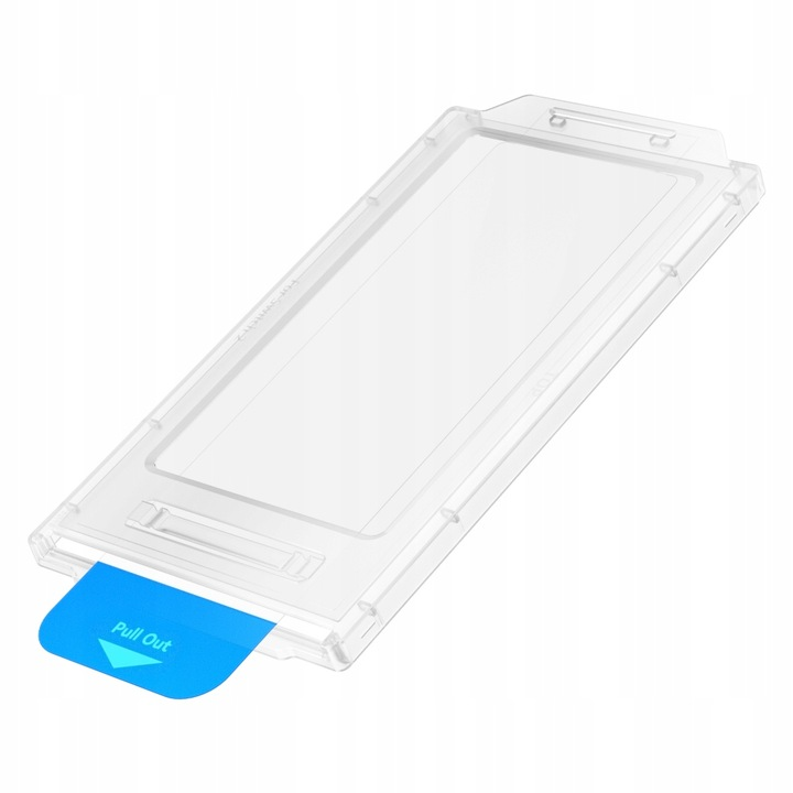 Przezroczyste plastikowe etui z niebieską zakładką z napisem 'Pull Out'. Etui jest prostokątne i pochylone.