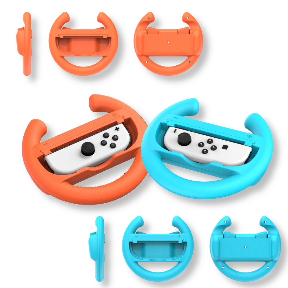 Obraz przedstawia pomarańczowe i niebieskie kontrolery kierownicy do konsoli do gier. Białe kontrolery z przyciskami w środku.