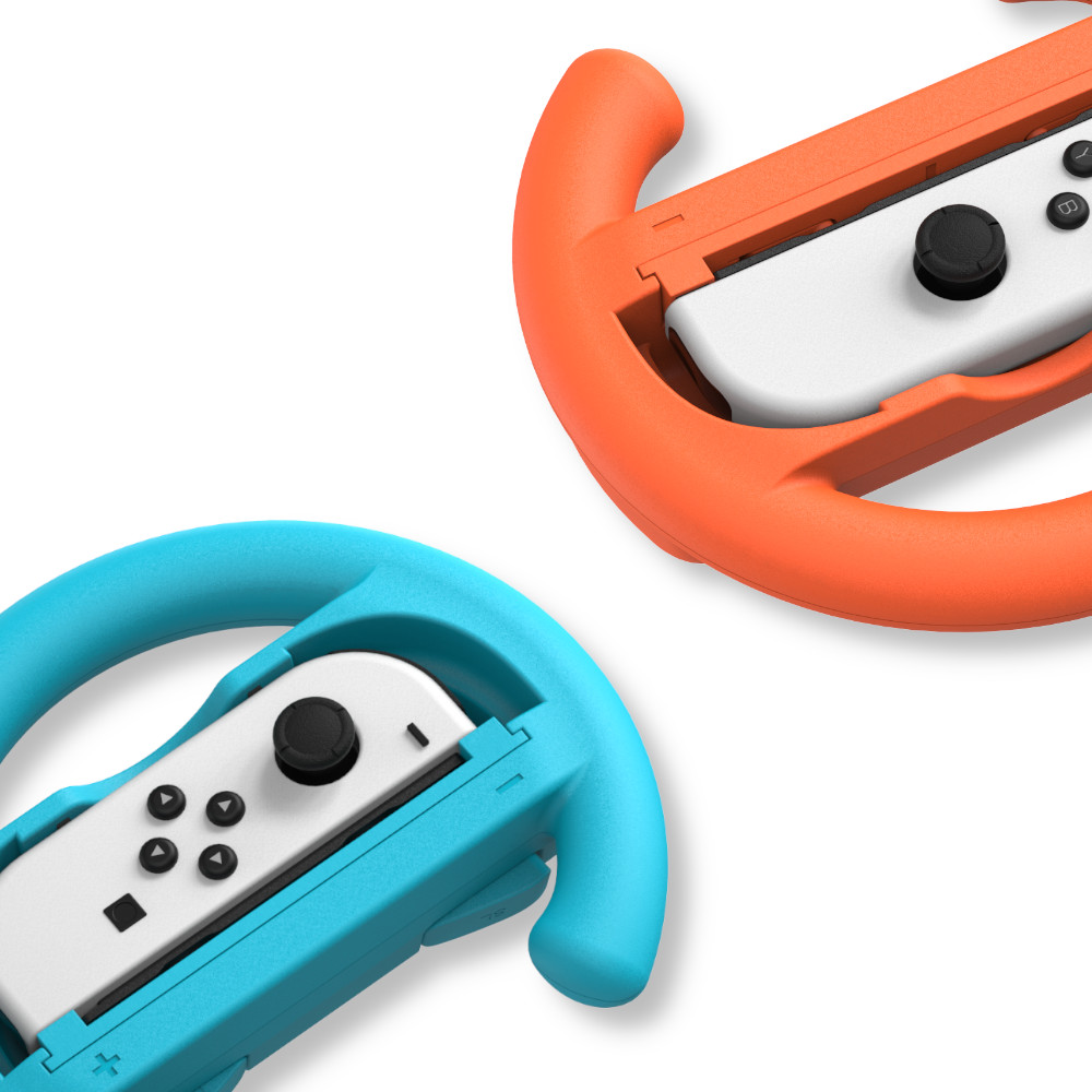Dwa kontrolery do gier. Jeden jest pomarańczowy, drugi niebieski. Oba mają biały kontroler w ramie w kształcie koła.
