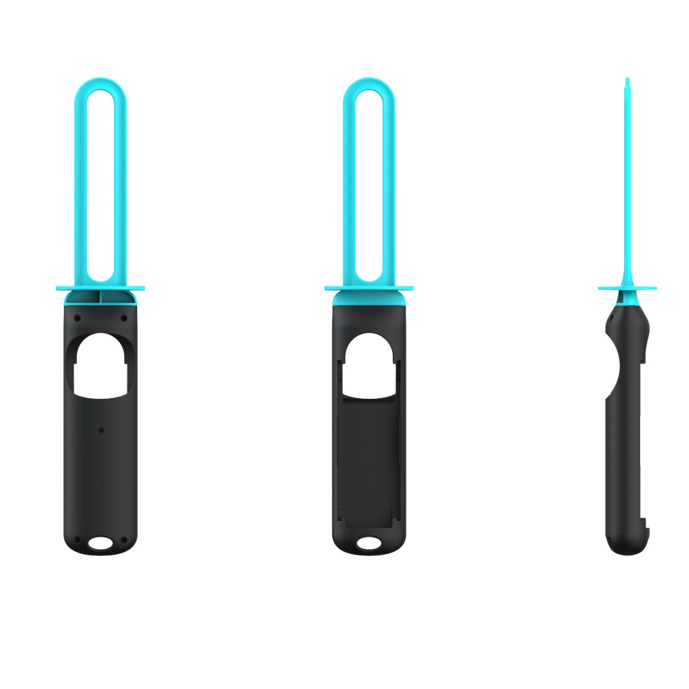 Trzy czarno-turkusowe narzędzia. Dwa widoki z przodu, jeden z boku. Każde ma uchwyt i turkusową pętlę lub spiczastą końcówkę.