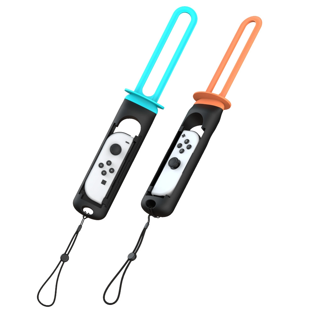 Dwa mocowania do kontrolerów do gier, niebieskie i pomarańczowe, każdy z białym kontrolerem. Czarne paski z koralikami zwisają z dołu.