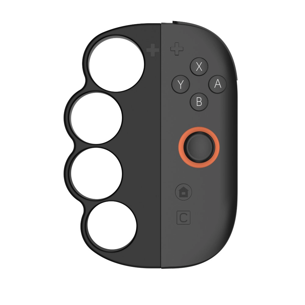 Czarny i szary kontroler do gier. Lewa strona ma otwory na palce. Prawa strona ma przyciski i okrągły pomarańczowy detal.