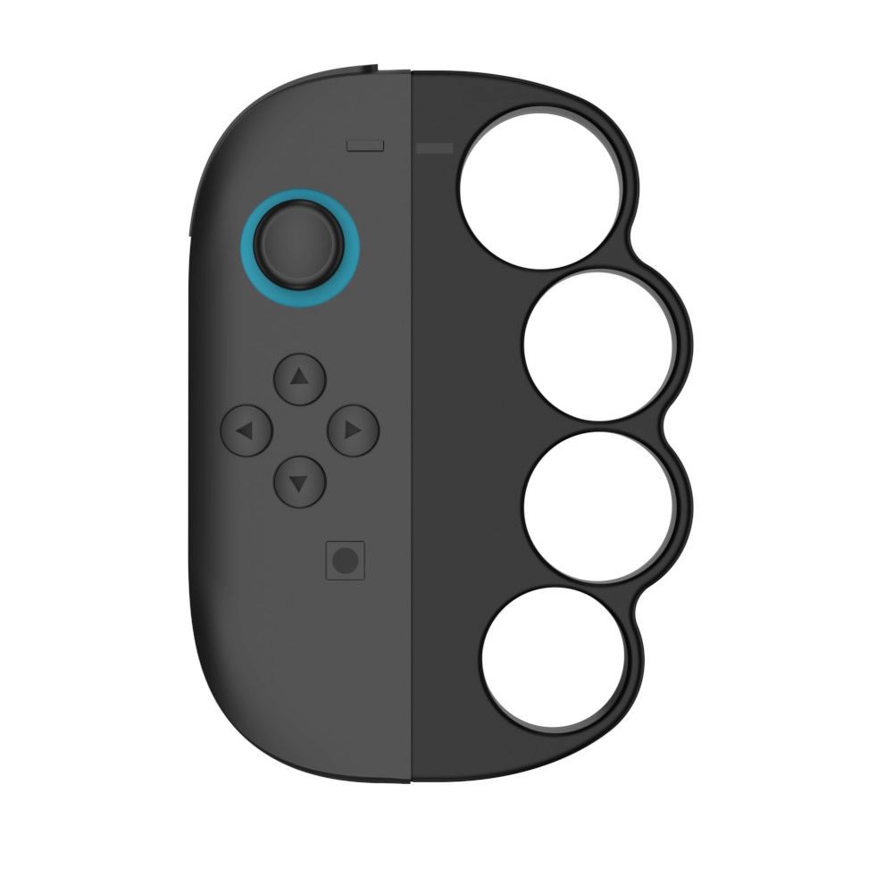 Czarne i szare urządzenie, lewa strona ma joystick i przyciski. Prawa strona ma otwory na palce, jak w kastetach.