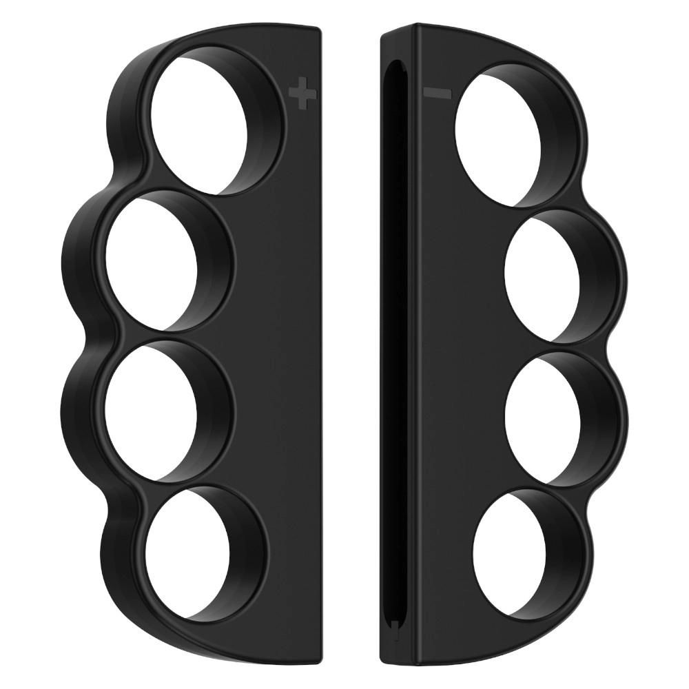 Dwa czarne kastety, każdy z czterema otworami na palce i pionowym prętem. Jeden ma znak plus, drugi znak minus.