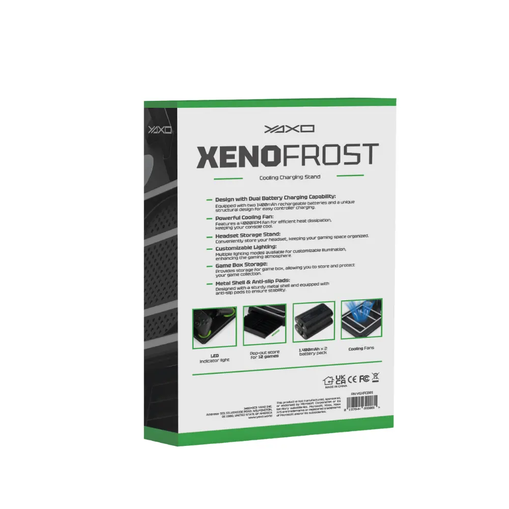 Pudełko produktu z tekstem i grafiką promujące chłodzącą podstawkę ładującą do konsol do gier. Ma funkcje i specyfikacje.