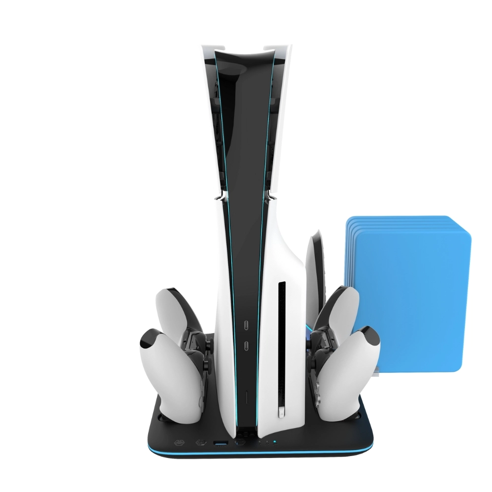 Biało-czarna konsola do gier z dwoma kontrolerami i niebieskim kwadratowym przedmiotem na białym tle.