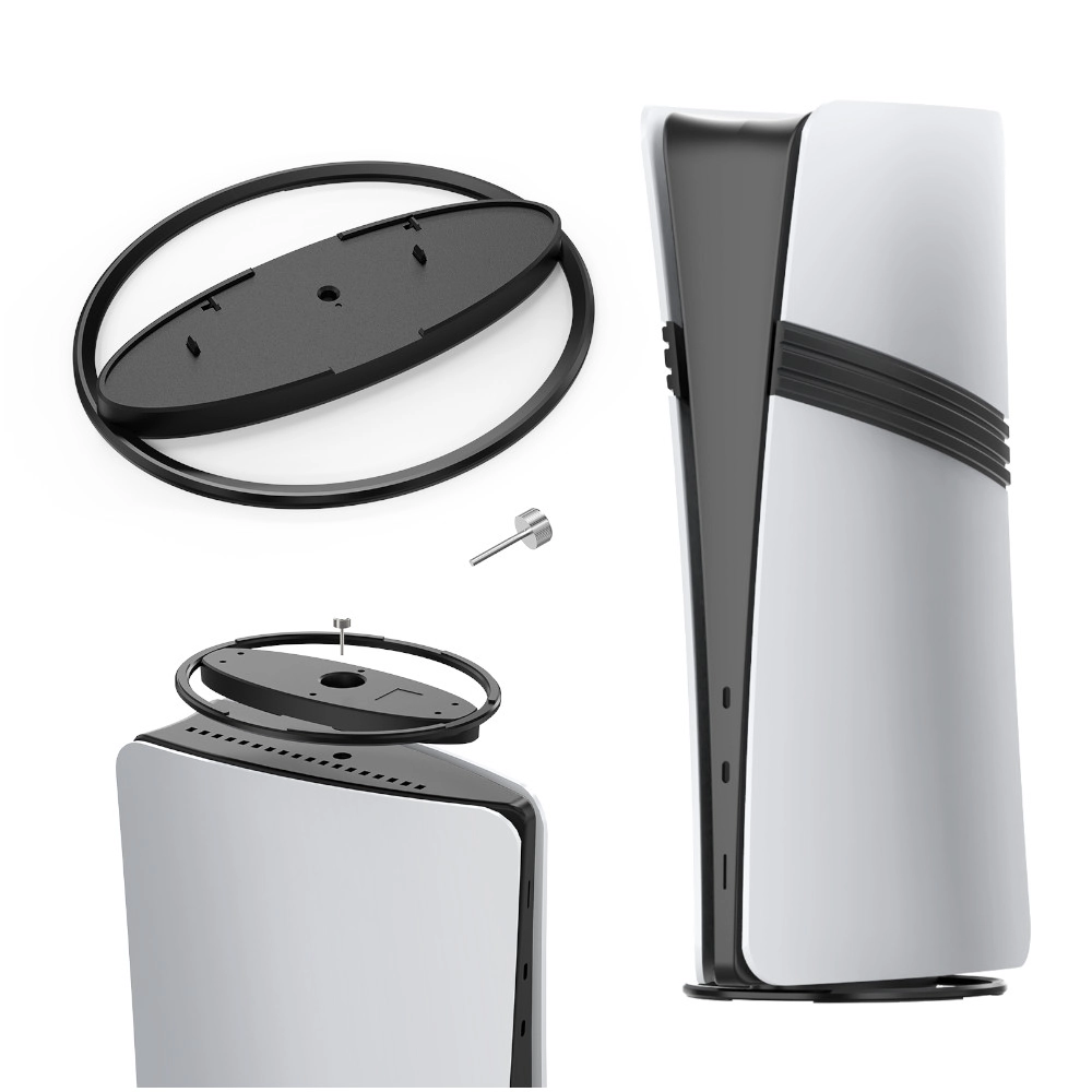 Obraz przedstawia zdemontowaną konsolę PS5. Elementy to konsola, podstawka, śruba i podstawa podstawki.