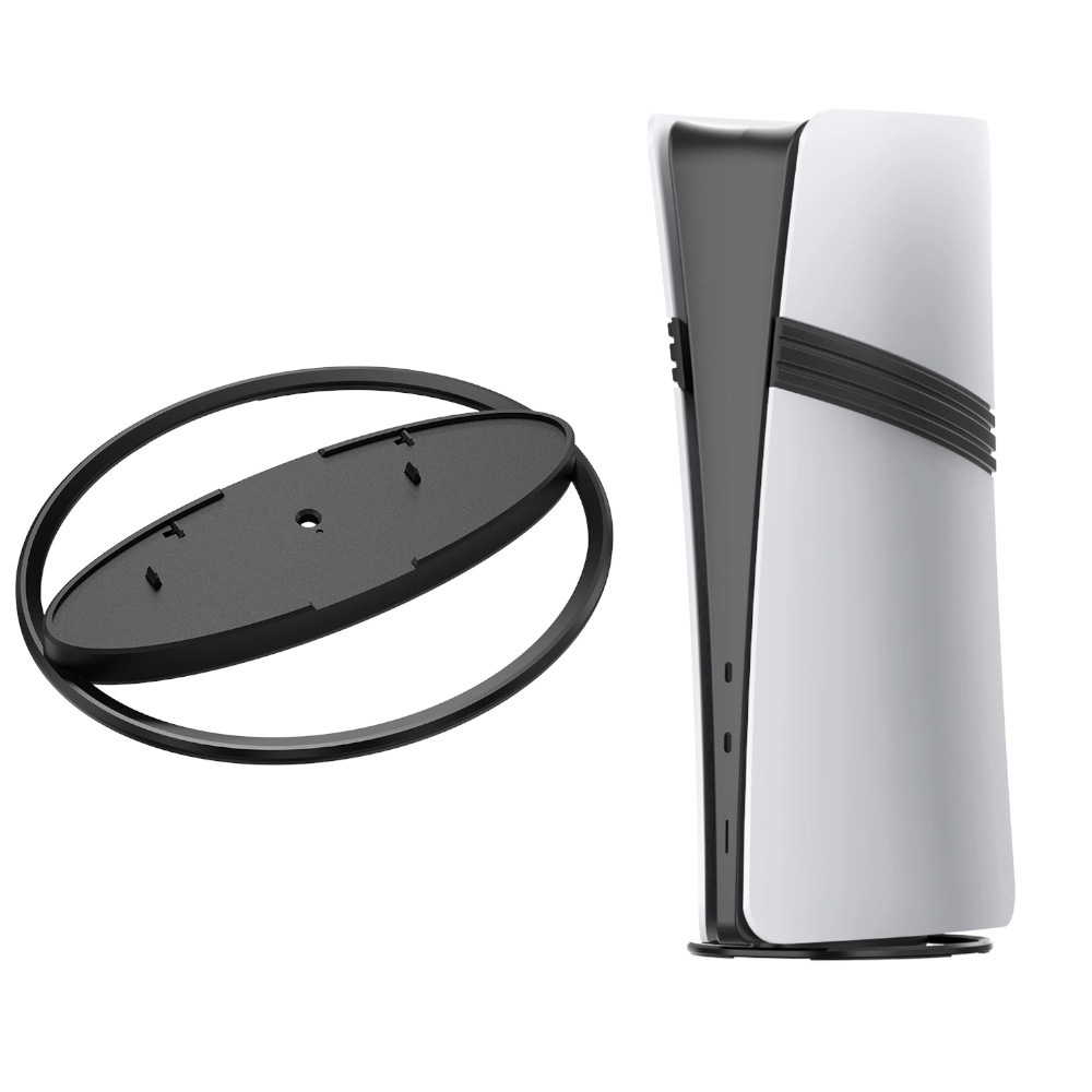 Konsola PlayStation 5 z podstawką. Konsola jest biało-czarna. Podstawka jest czarna i owalna.