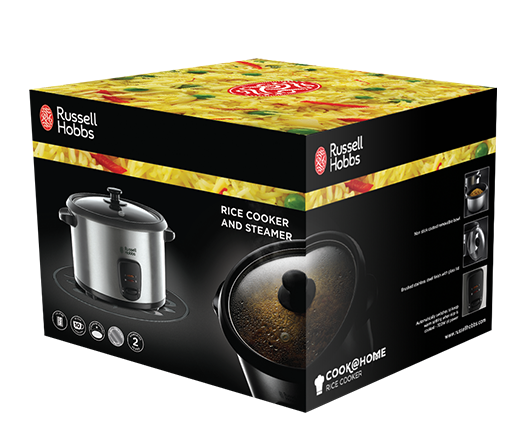 Pudełko z ryżowarem i parowarem Russell Hobbs. Pokazuje produkt i ugotowany ryż na górze. Czarne tło.