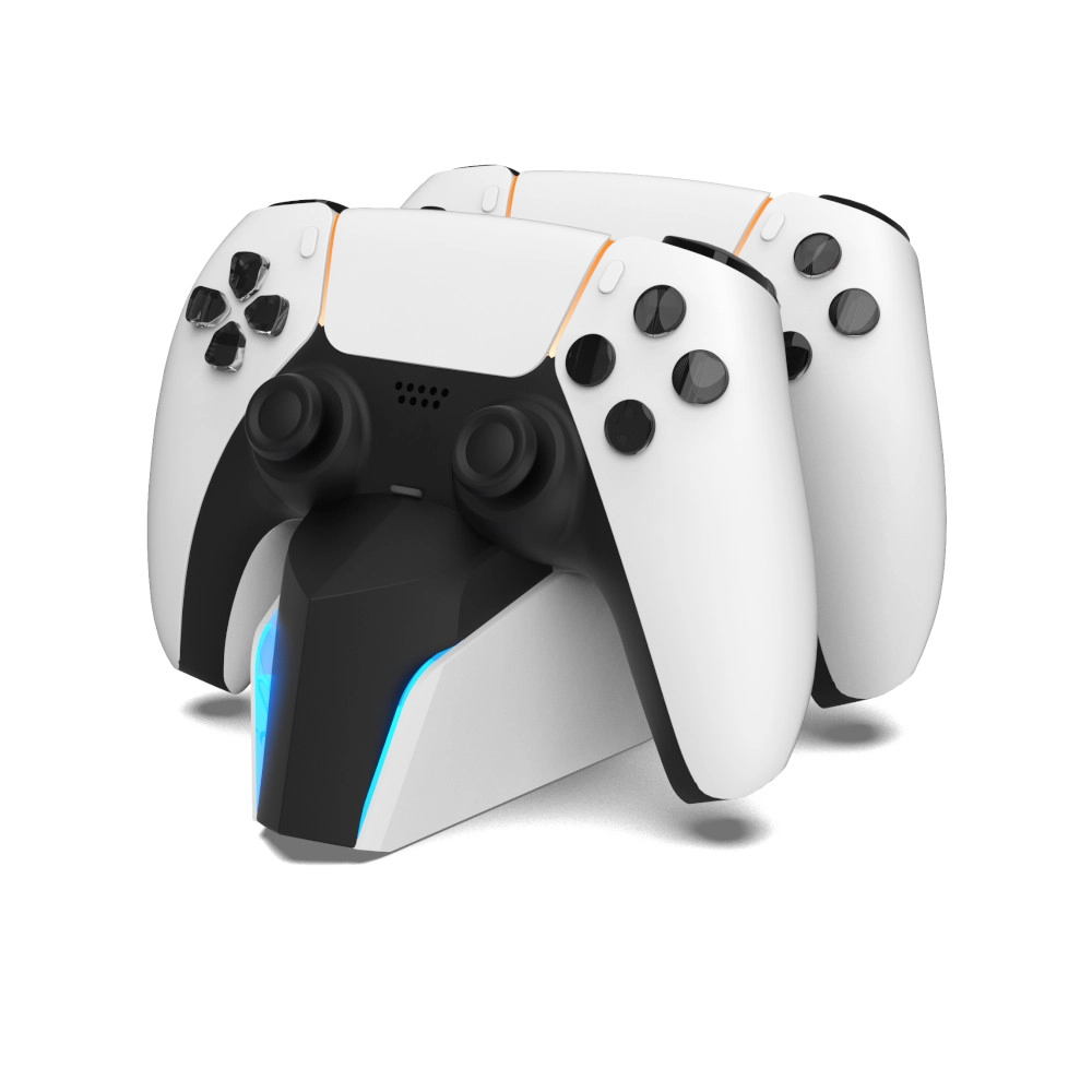 Dwa biało-czarne kontrolery do gier na stacji ładującej. Stacja ma czarne centrum z niebieskim światłem.