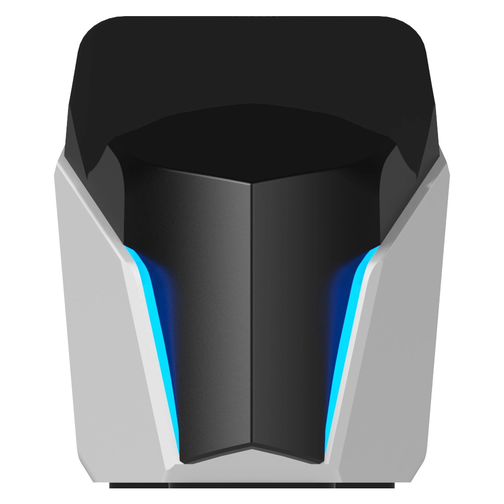 Futurystyczne urządzenie z czarnym blatem, szarymi bokami i czarnym środkiem. Niebieskie światła emanują z boków. Urządzenie jest na białym tle.