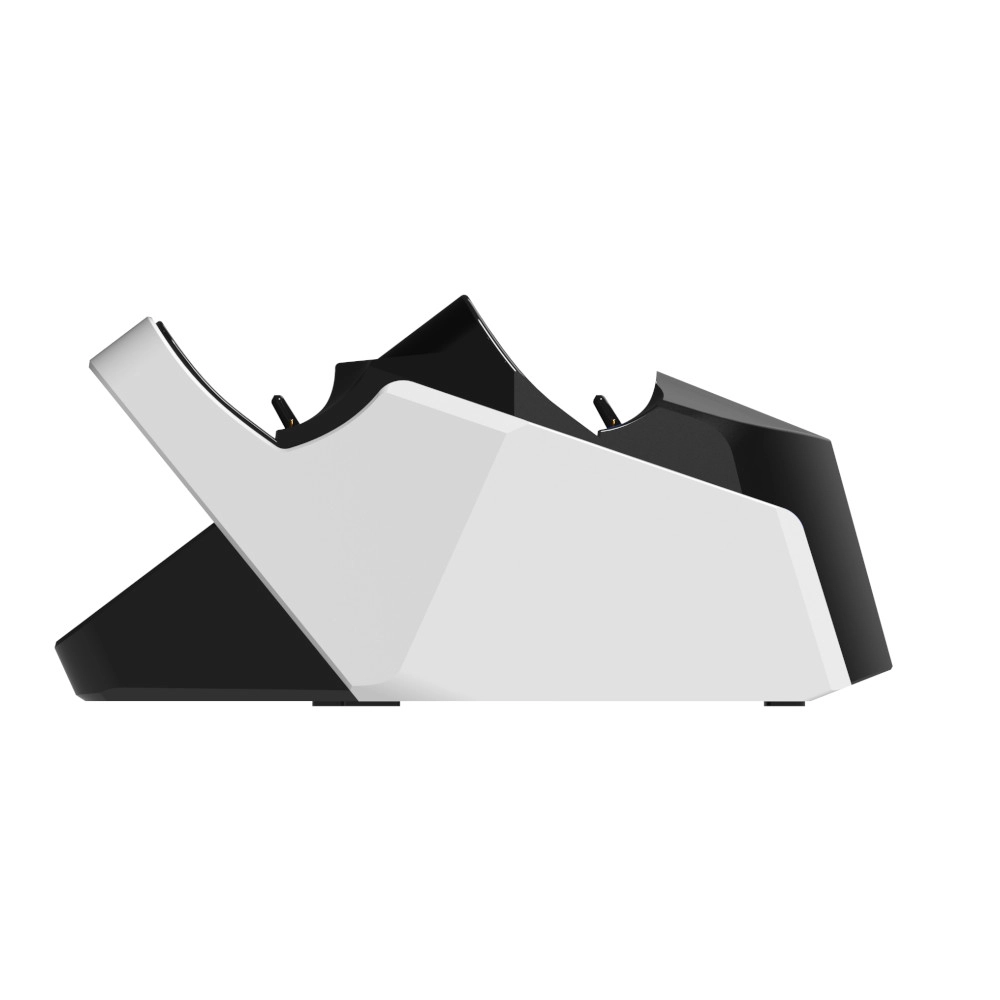 Biało-czarna stacja ładująca. Ma geometryczny kształt z kątowymi formami i błyszczącym wykończeniem. Tło jest białe.